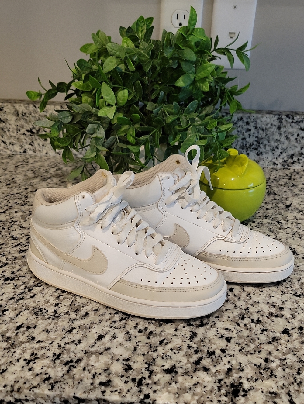 Nike Women's Court Vision Mid White Sneakers with Beige Swoosh,size 7